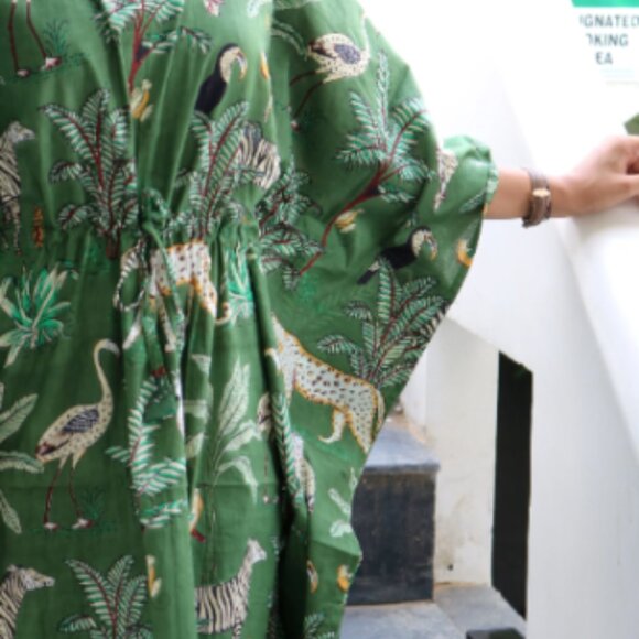 BRAND NEW Cotton Kaftan For Women Tiger Hand Block Printed Maxi Dress Gift For - Picture 3 of 4